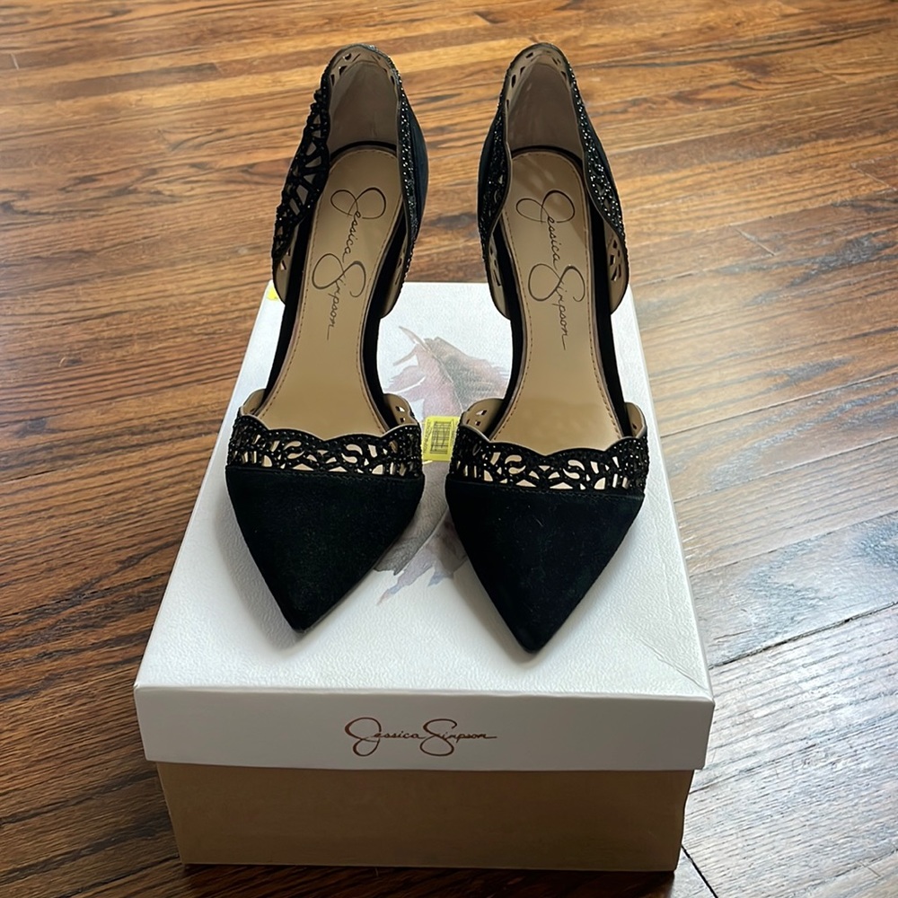 Jessica Simpson suede black heel with rhinestone lace trim 6.5M